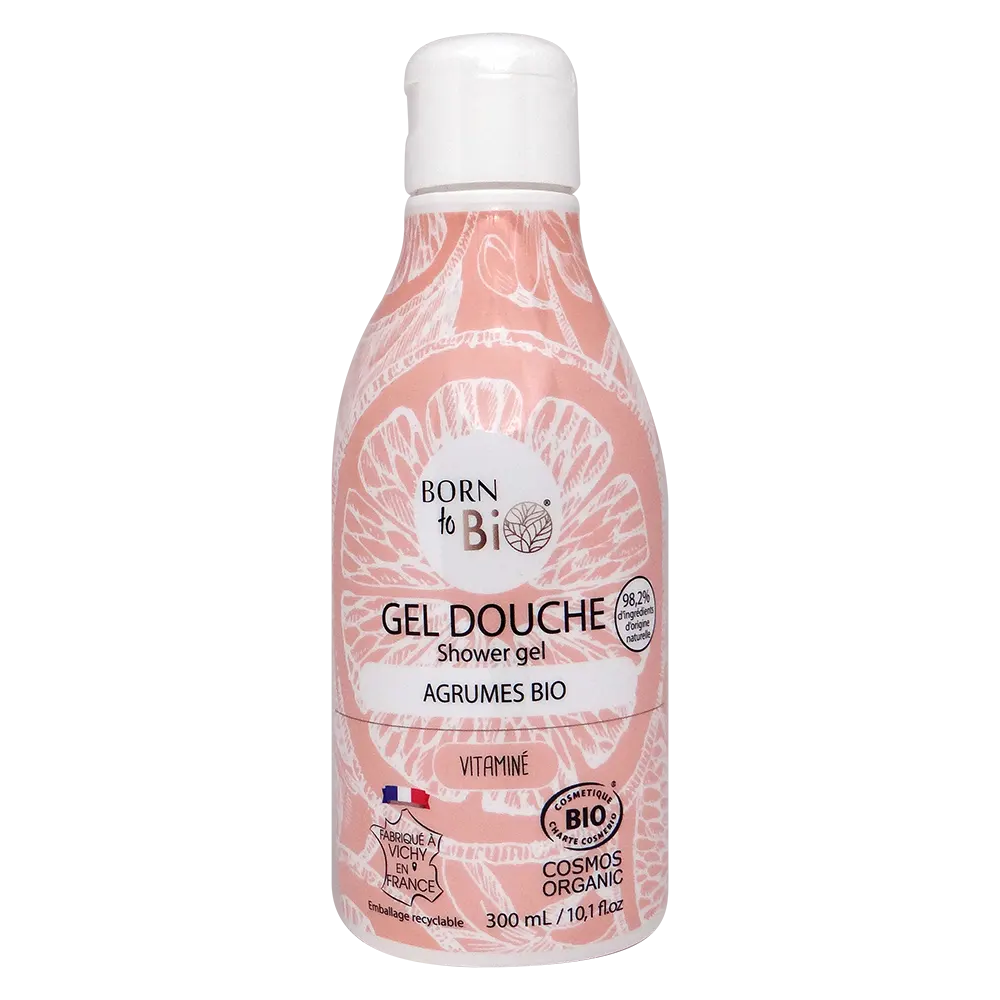 Citrus Shower Gel Certified Organic in a pink bottle with a floral design, energizing body cleanser with organic ingredients.