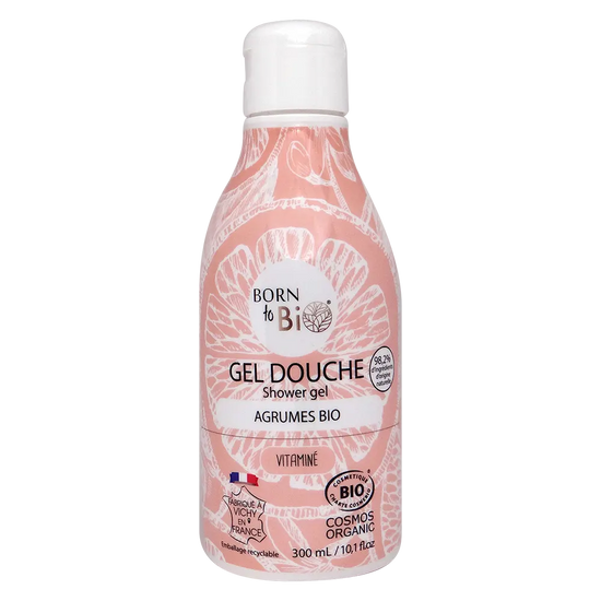Citrus Shower Gel Certified Organic in a pink bottle with a floral design, energizing body cleanser with organic ingredients.
