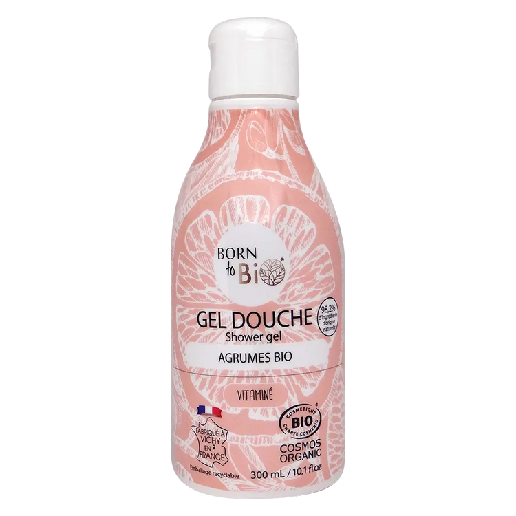 Citrus Shower Gel Certified Organic in a pink bottle with a floral design, energizing body cleanser with organic ingredients.